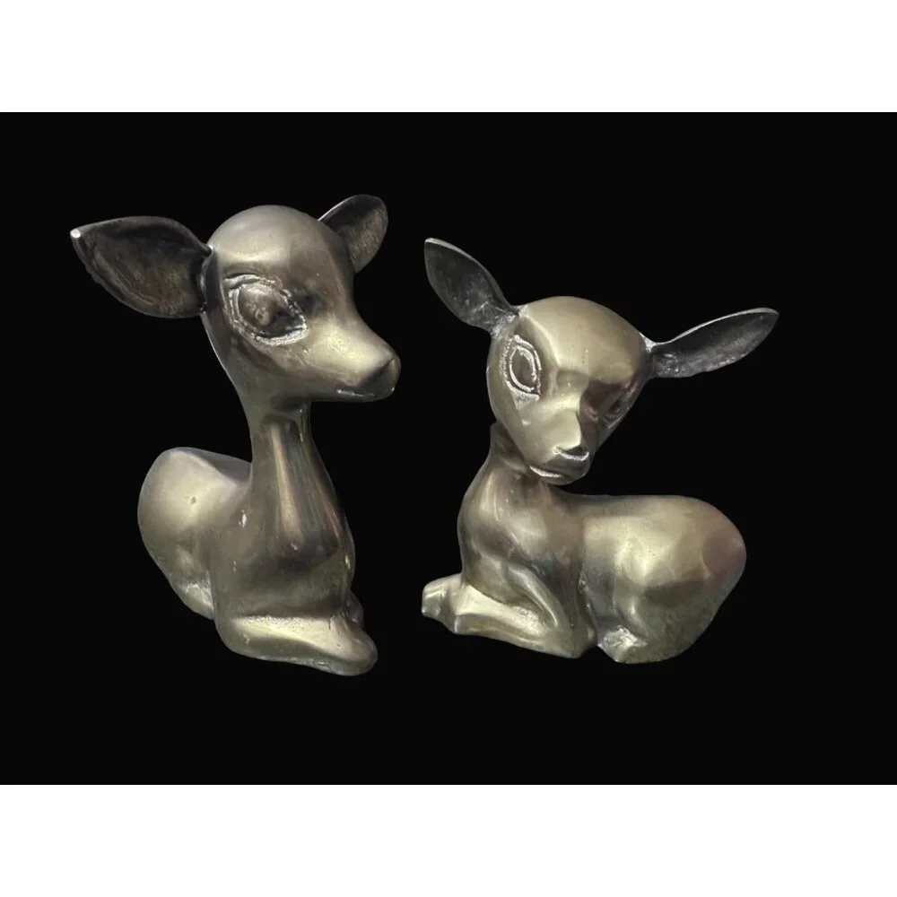 Solid Brass Reclining Deer Fawn Figurines Set of 2 Mid Century Modern MCM